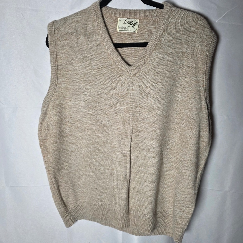 Lord Jeff Mens XL V Neck Sweater Vest Beige 80 Acrylic 20 Wool Made‎ USA